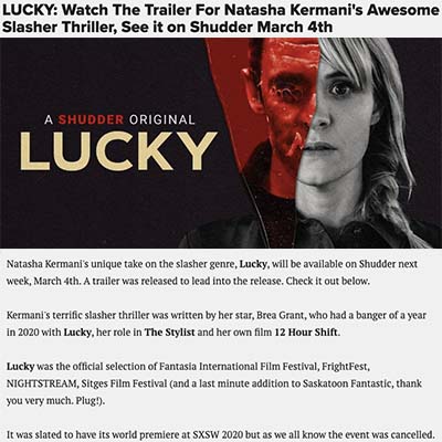 LUCKY: Watch The Trailer For Natasha Kermani's Awesome Slasher Thriller, See it on Shudder March 4th